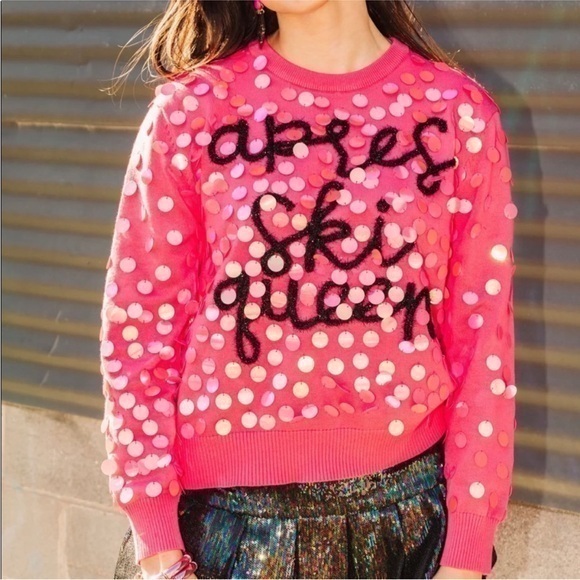 Queen of Sparkles Apres Ski Queen Sequin Crewneck Pink and Black Sweater - Picture 1 of 7